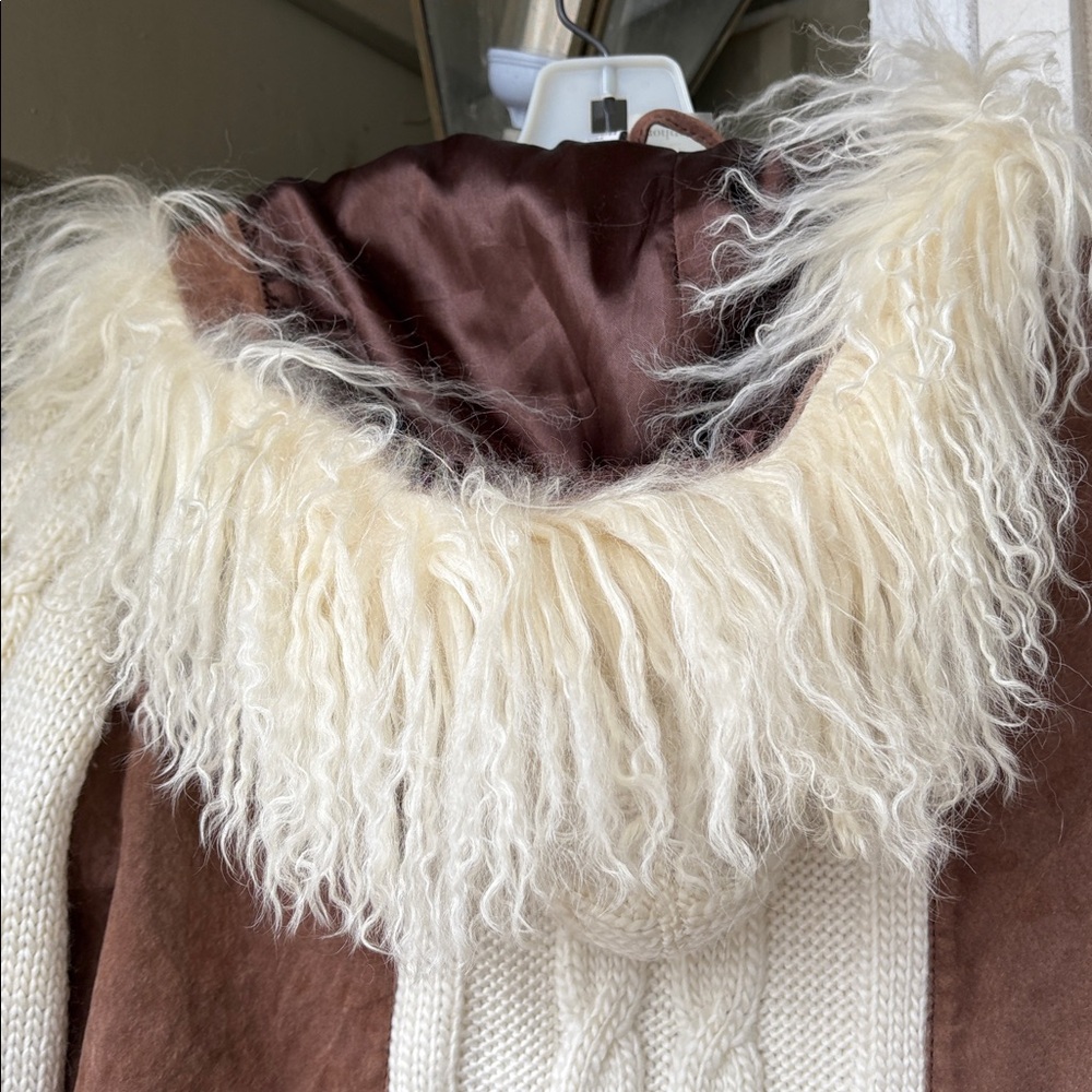 RARE Brown and Cream Penny lane style leather and sweater embroidered jacket. S. - Picture 6 of 11